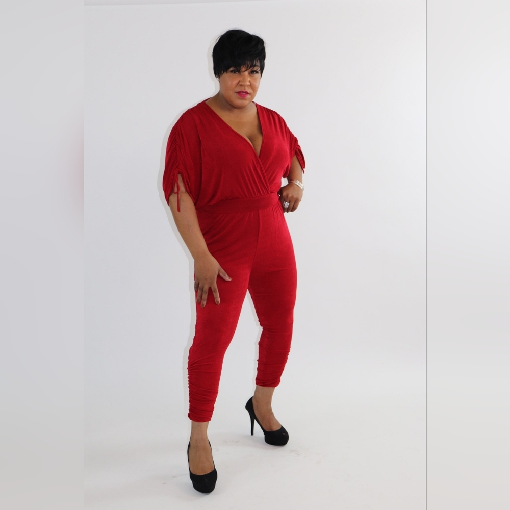 Libian‎ Bold Red Plus Size Surplice Stretchy Jumpsuit  1X 2X 3X